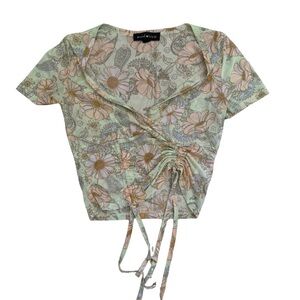 Y2K Social Scene Green Floral Tie Front Top